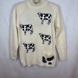 VTG‎ Marisa Christina White Cowl neck Angora Wool Blend Beaded Cow Sweater Small